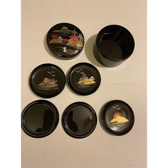 Vintage Japanese AIZU Black Lacquerware Set of 5 Coasters / Sauce Bowls - Picture 4 of 7